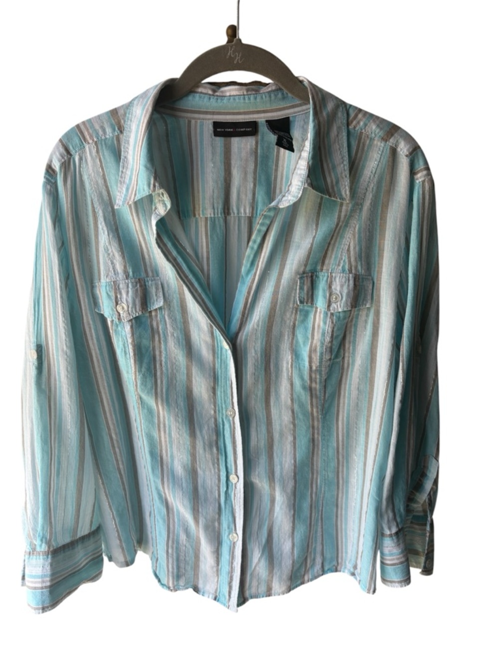 New York & Company Turquoise White and Tan Striped Button-Down Shirt